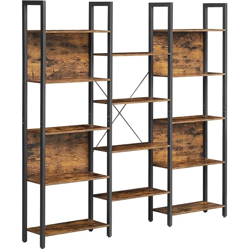 Two tall bookshelf units with wood shelves and black metal frames connected in middle