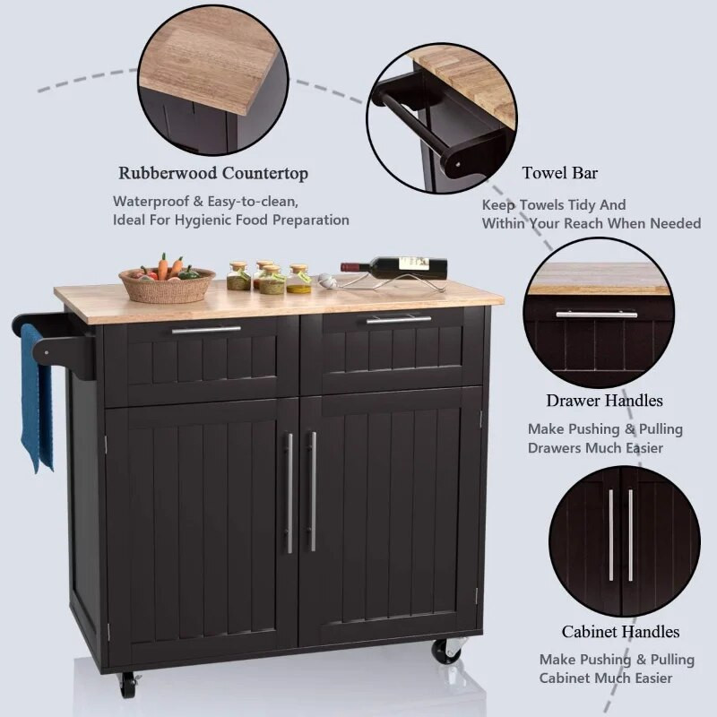 Features shown around Giantex kitchen island cart: rubberwood countertop, towel bar, drawer handles, cabinet handles