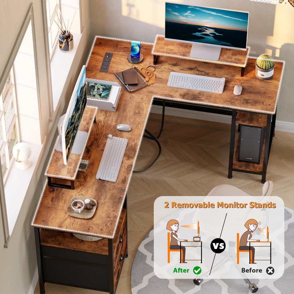 Modern L-shaped desk with two monitor stands and workspace
