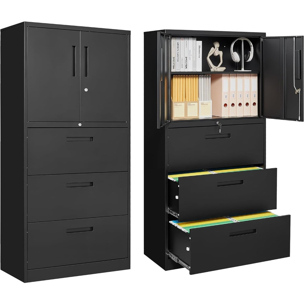 Black 3-drawer metal filing cabinet with closed doors and open drawers showing storage