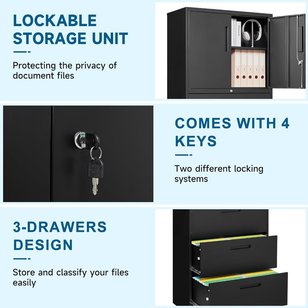 Marketing collage showing lockable storage unit features with drawers