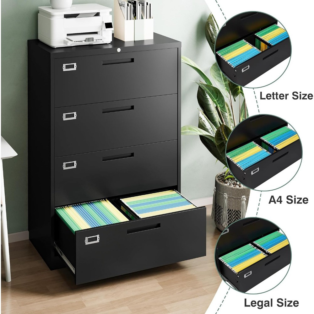 Close-up of drawers revealing letter and A4 sized files with locking system