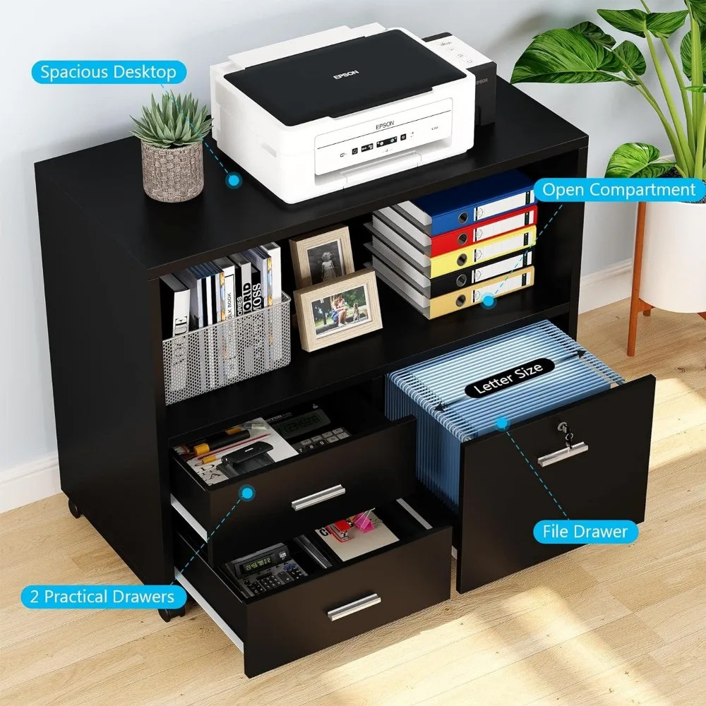 Black cabinet with printer on top in a home office
