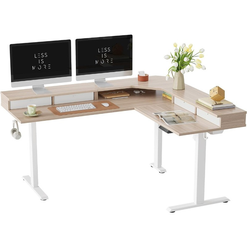 L-shaped desk with two monitors and drawers