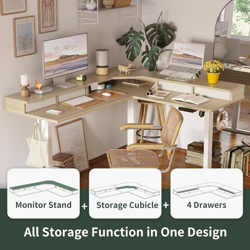 L-shaped desk with monitor and storage