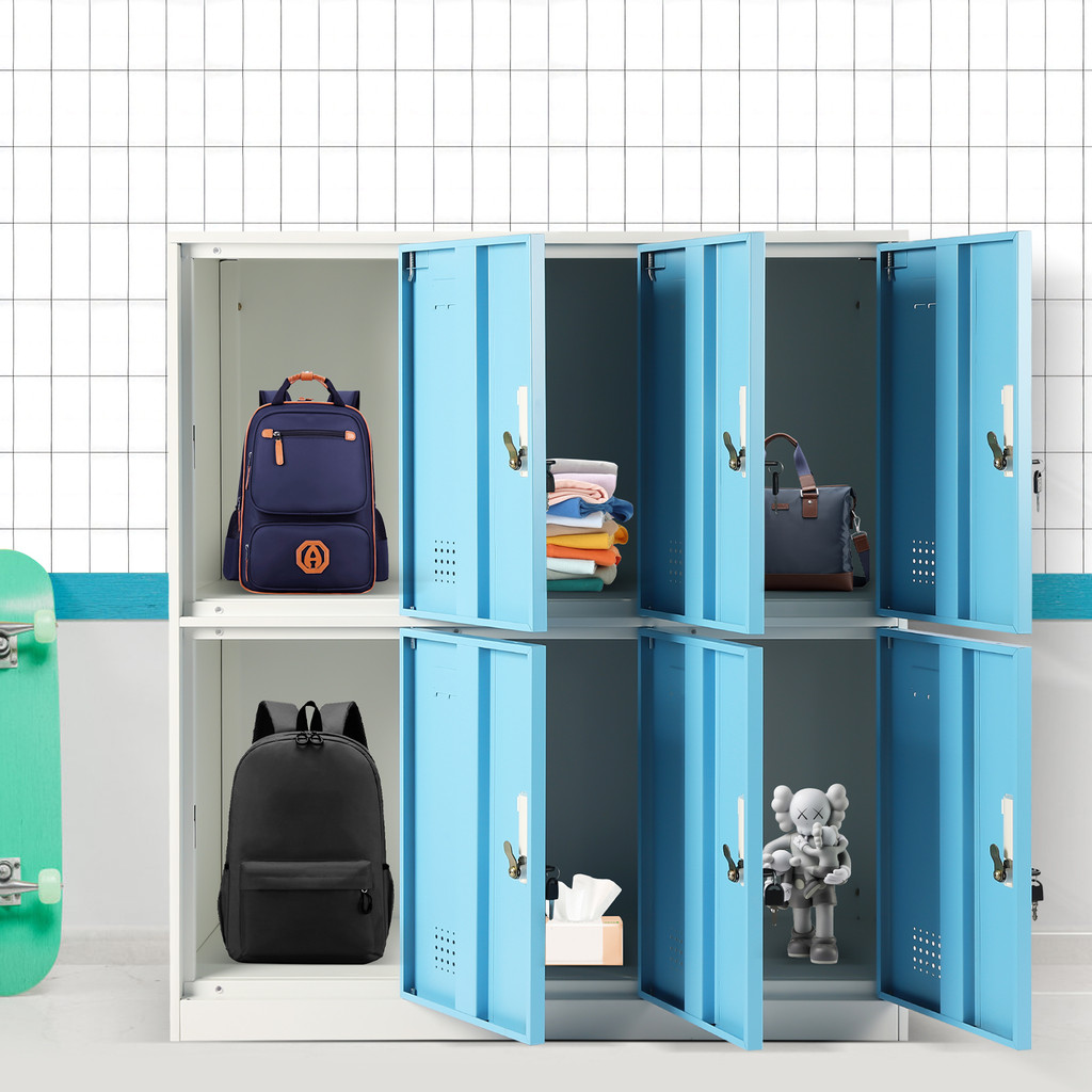 Blue locker cabinet with multiple compartments and backpacks against a tiled wall