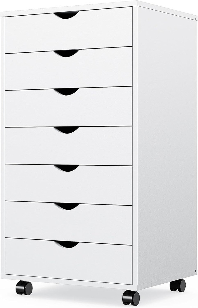 White 7-drawer chest with six to seven drawers visible