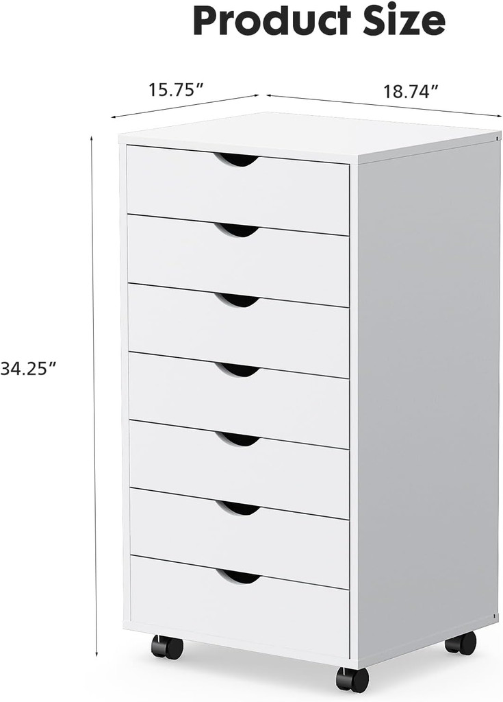 Product size diagram of white 7-drawer chest with dimensions