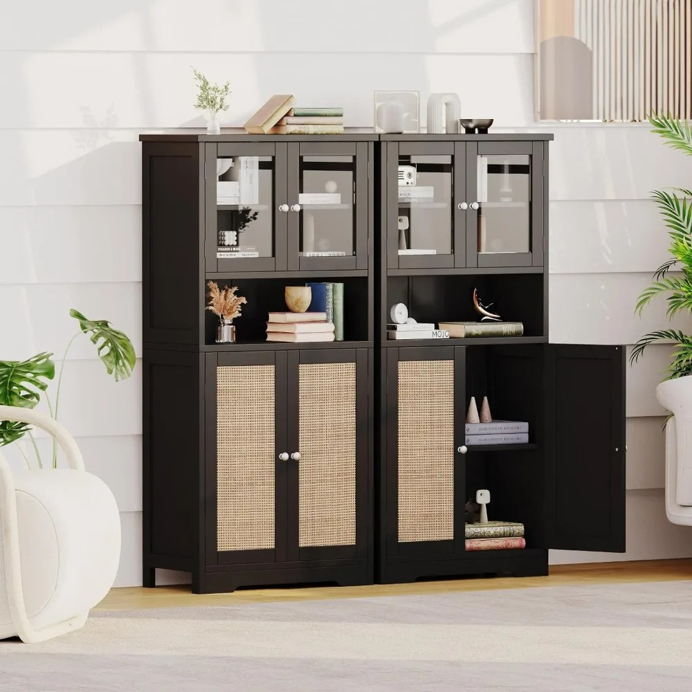 Two dark gray storage cabinets with glass doors on top and woven rattan panels on bottom