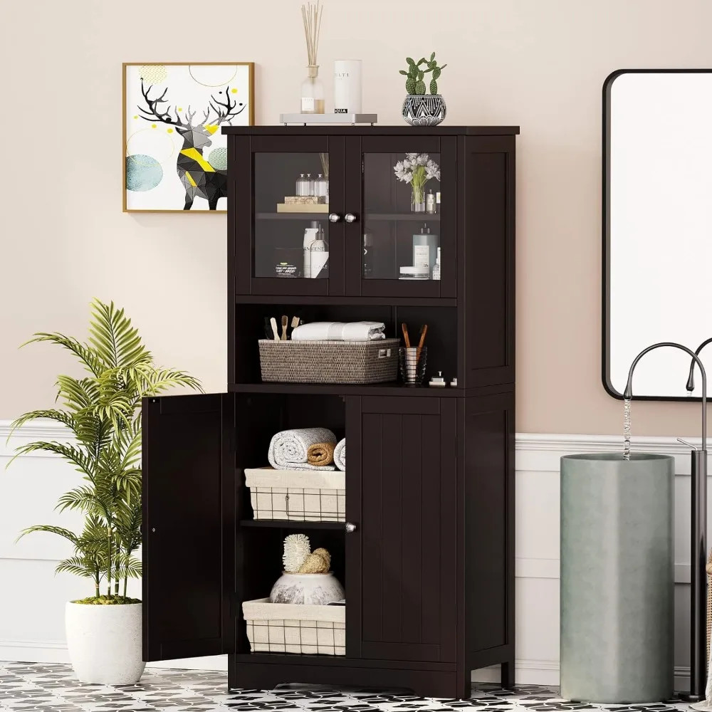 Dark brown freestanding cabinet in bathroom setting with towel storage area