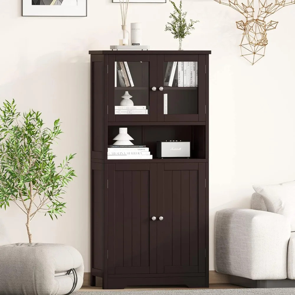 Dark brown cabinet with glass doors top and lower closed cabinet