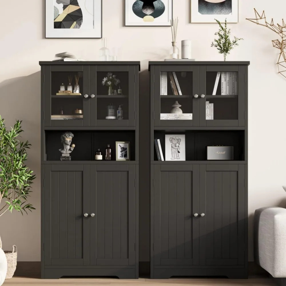 Two dark gray bathroom cabinets standing side by side with glass doors and lower doors