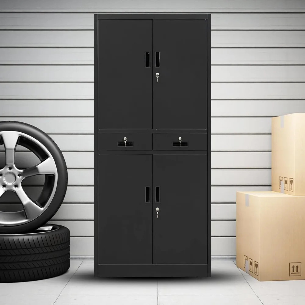 Cabinet standing in garage with a toolbox and car wheel