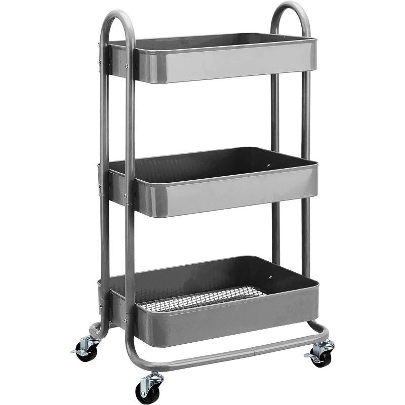 Three-tier utility cart with grey metal finish and wheels