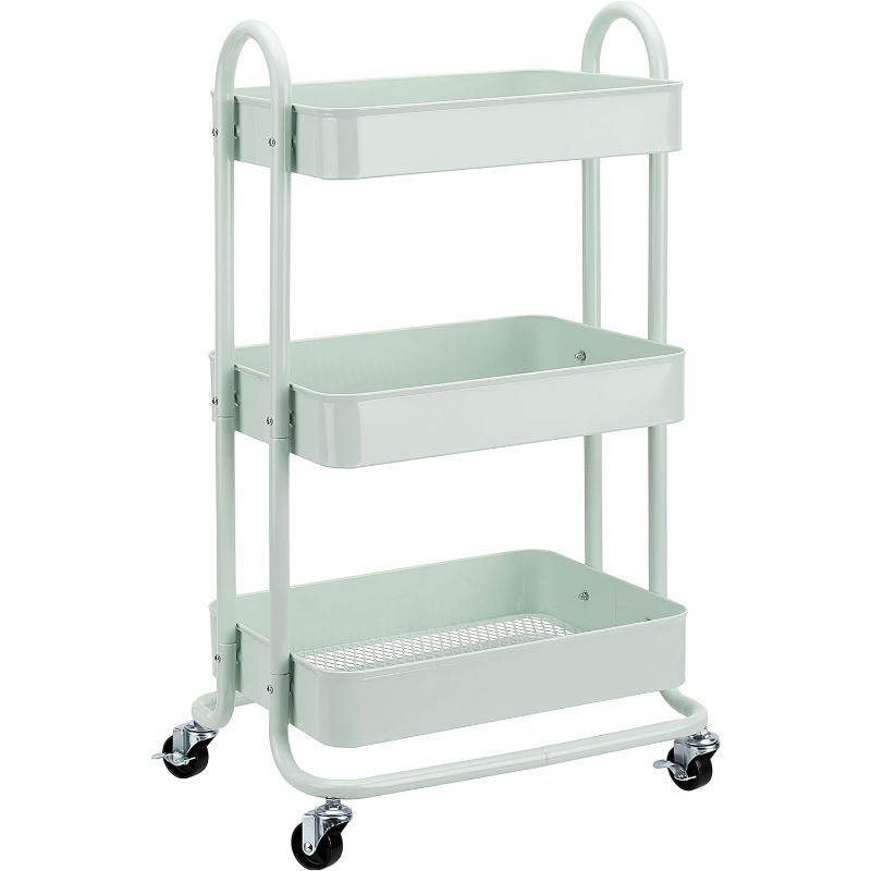 Light green three-tier metal storage cart with wheels