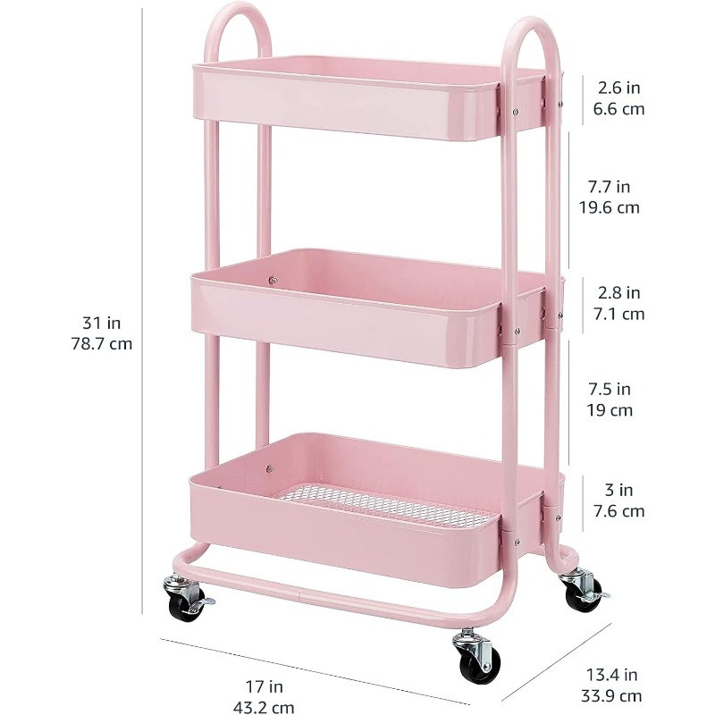 Pink 3-tier rolling cart with dimensions shown