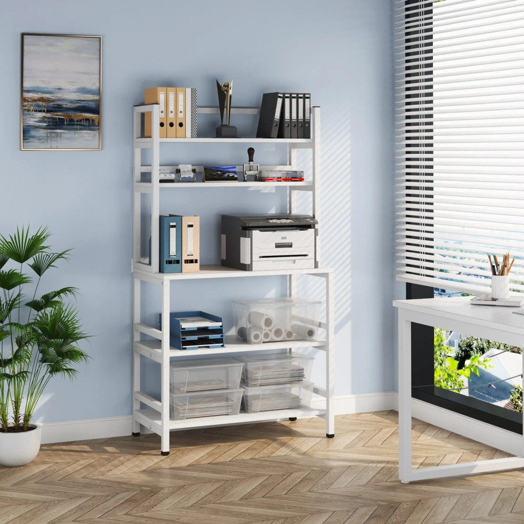 White kitchen shelving unit with storage and printer on top
