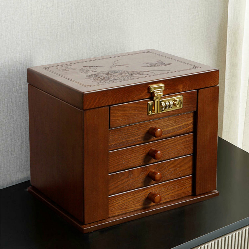 Wooden jewelry storage box with four stacked drawers and lid lock