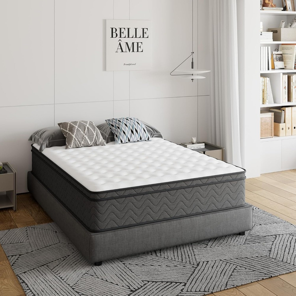 King hybrid mattress with quilted white top and gray textured wave side panels