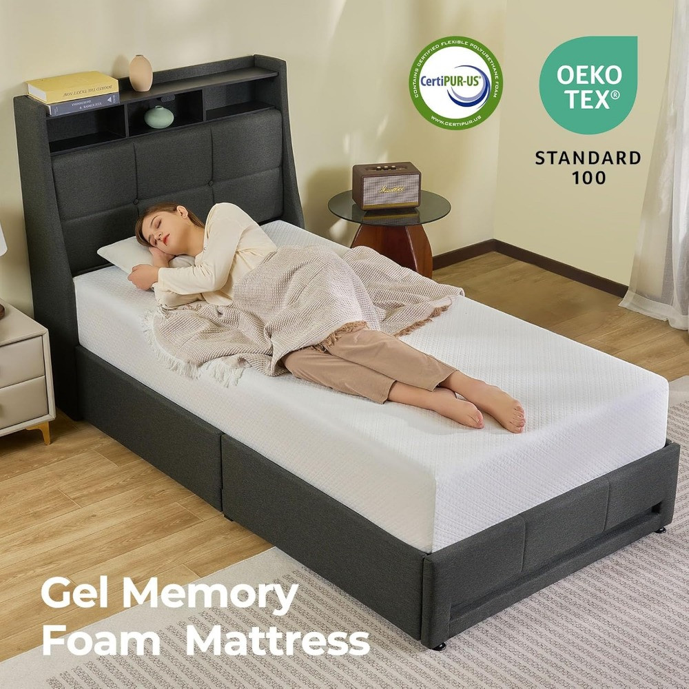 Person sleeping on bed with memory foam mattress, room visible with OEKO-TEX logos