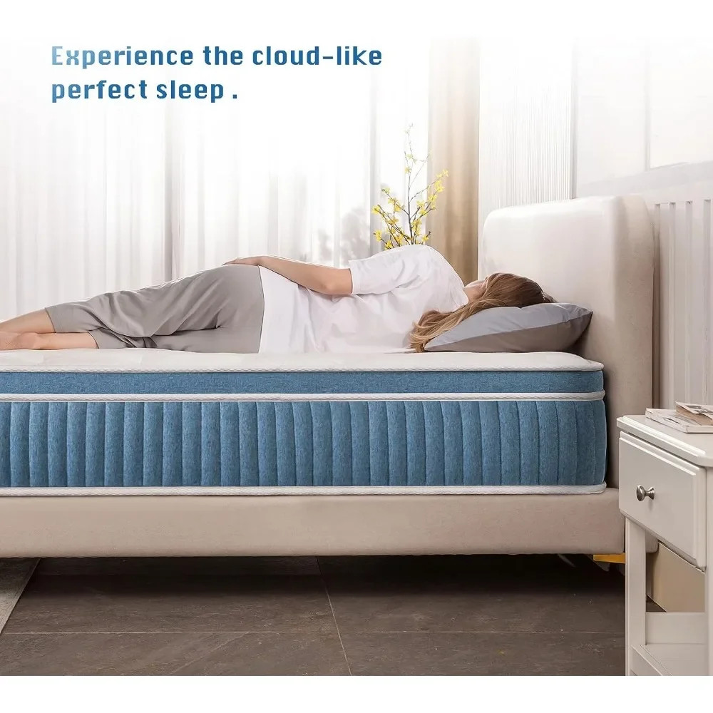 Person sleeping on blue mattress with text