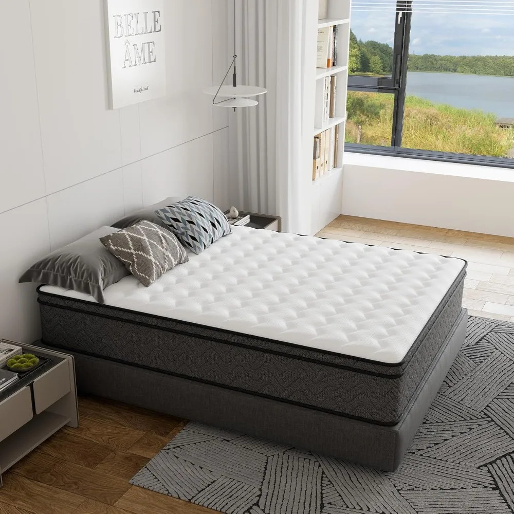 Queen hybrid innerspring mattress with white quilted top and gray sides