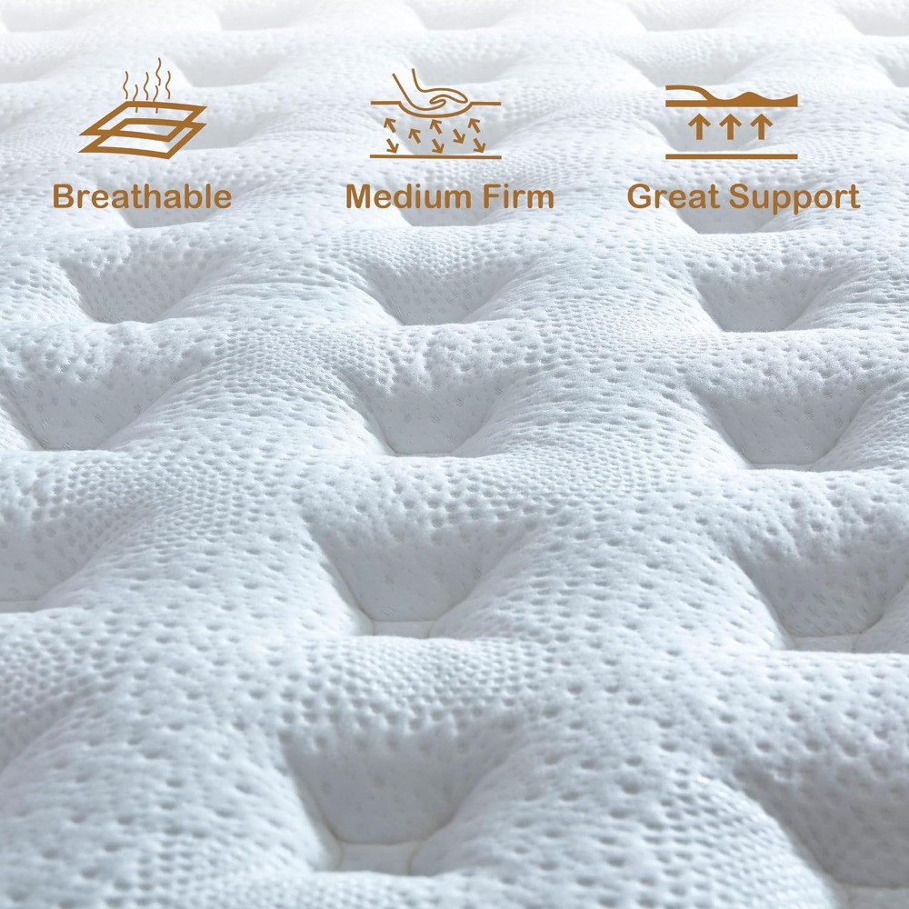 Close-up of mattress quilting with icons for features (Breathable, Medium Firm, Great Support)