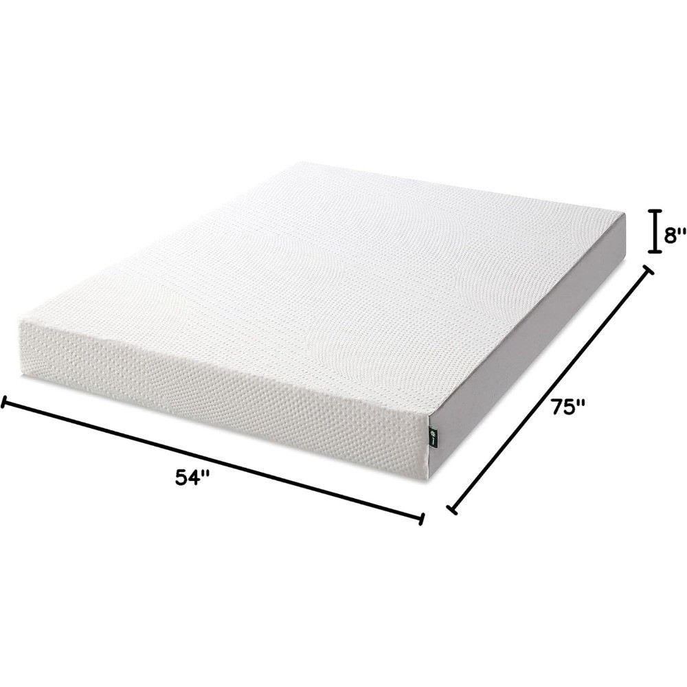 White memory foam mattress with size dimensions: 54" by 75" and 8" height