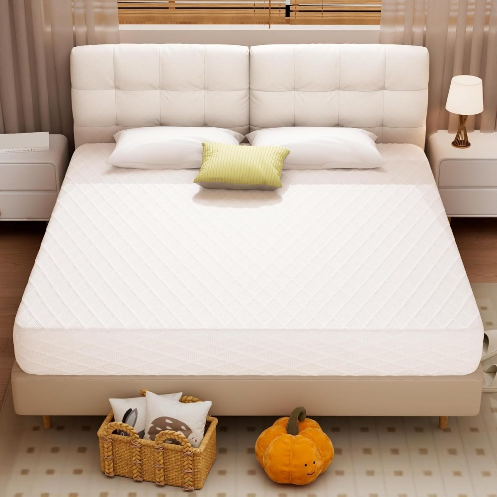 Bed with white quilted mattress and a yellow pillow