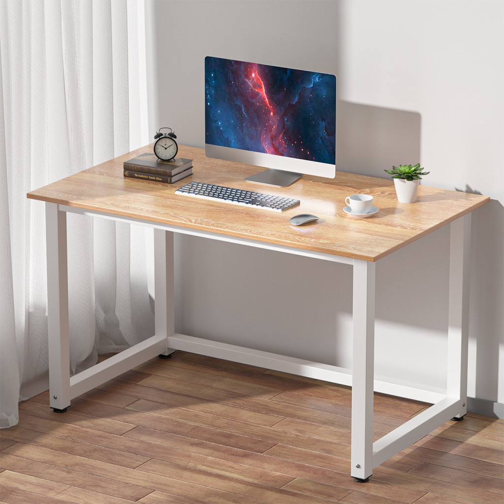 Desk with light wood top and white frame