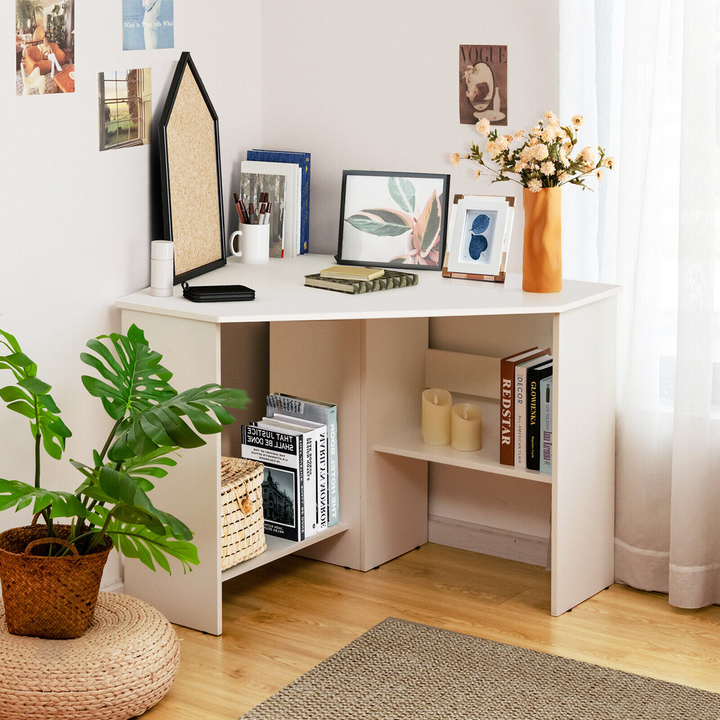 White triangle corner desk with open shelves for books and decor