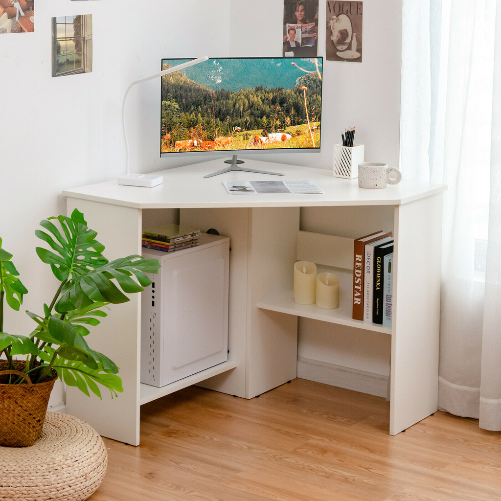 White corner computer desk with monitor and side book shelves