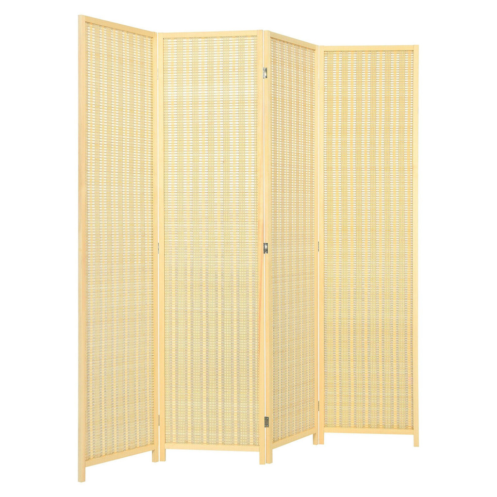 Four-panel wooden room divider screen with woven panels viewed from side