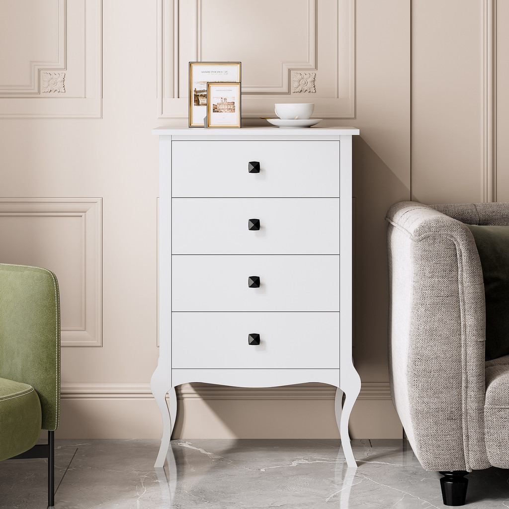 White 4-drawer dresser in a stylish living room area