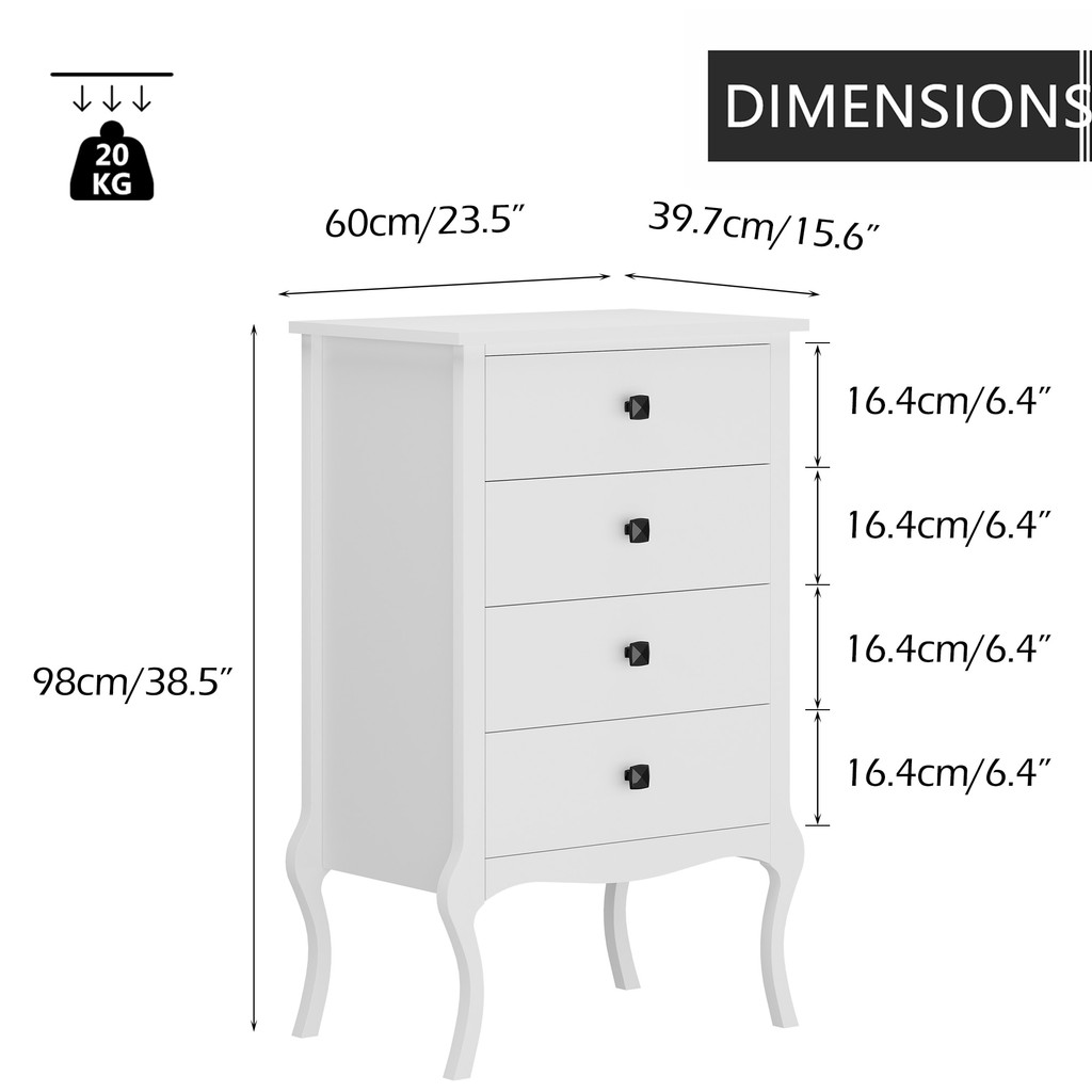 Dimensional diagram of the dresser with measurements