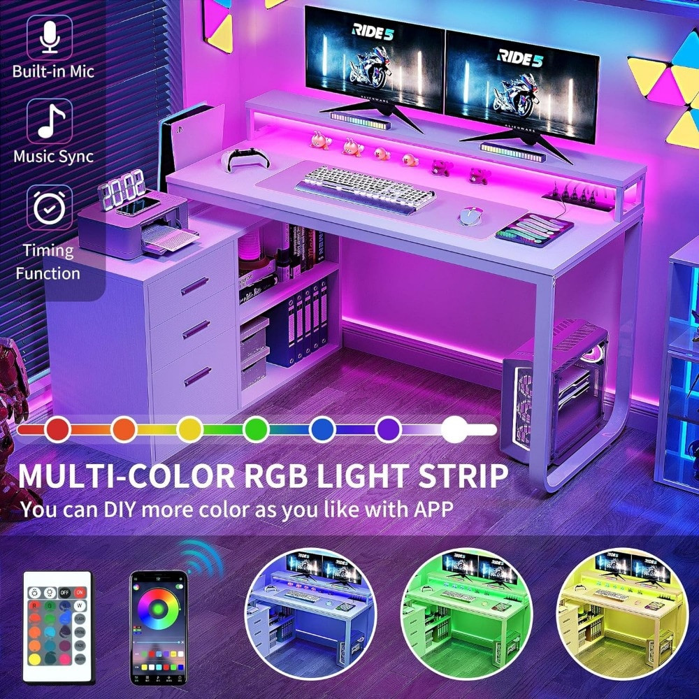 L Shaped Desk With Power Outlets & LED Lights & File Cabinet Table ...