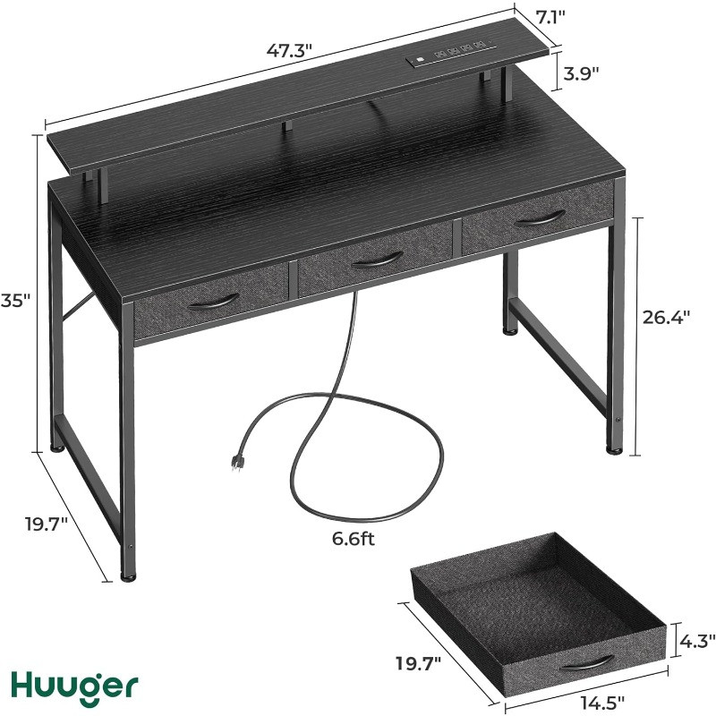 47 inch Computer Desk with 3 Drawers, Office Desk Gaming Desk with LED ...