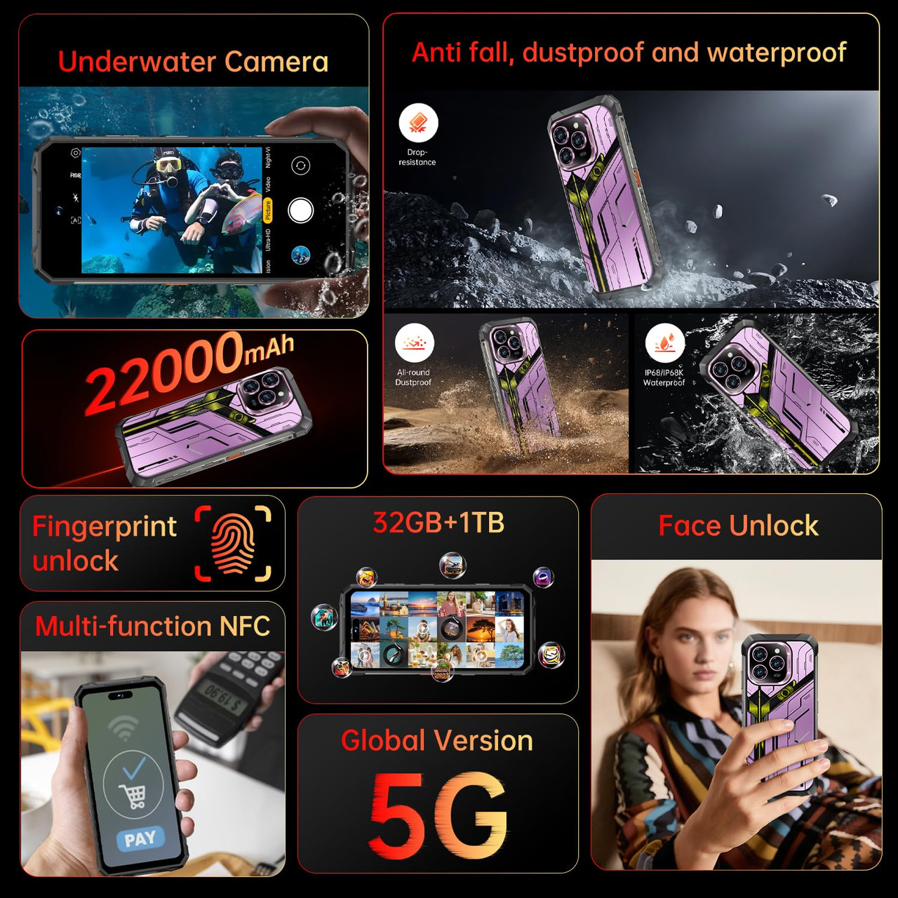 16 Bit Phones 16 Ultra 32+1TB Rugged Armor Unlocked Cell Phone,Smartphone 6.99