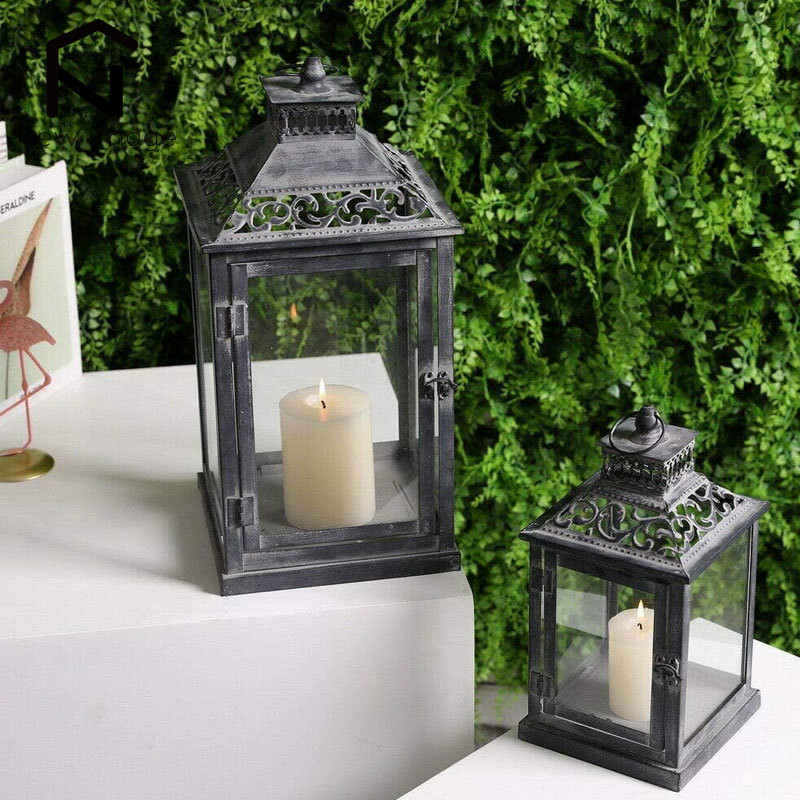 Wrought Iron Candle Holder Glass Retro Black Garden Floor Large Outdoor