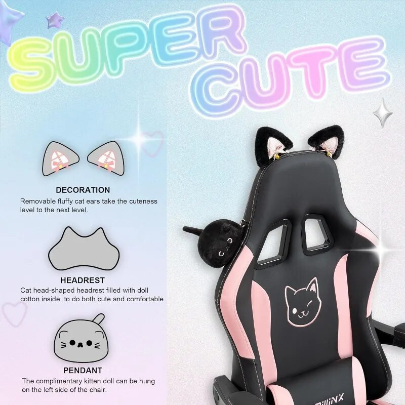 Close-up of the Dowinx gaming chair's cat ear decorations and headrest.