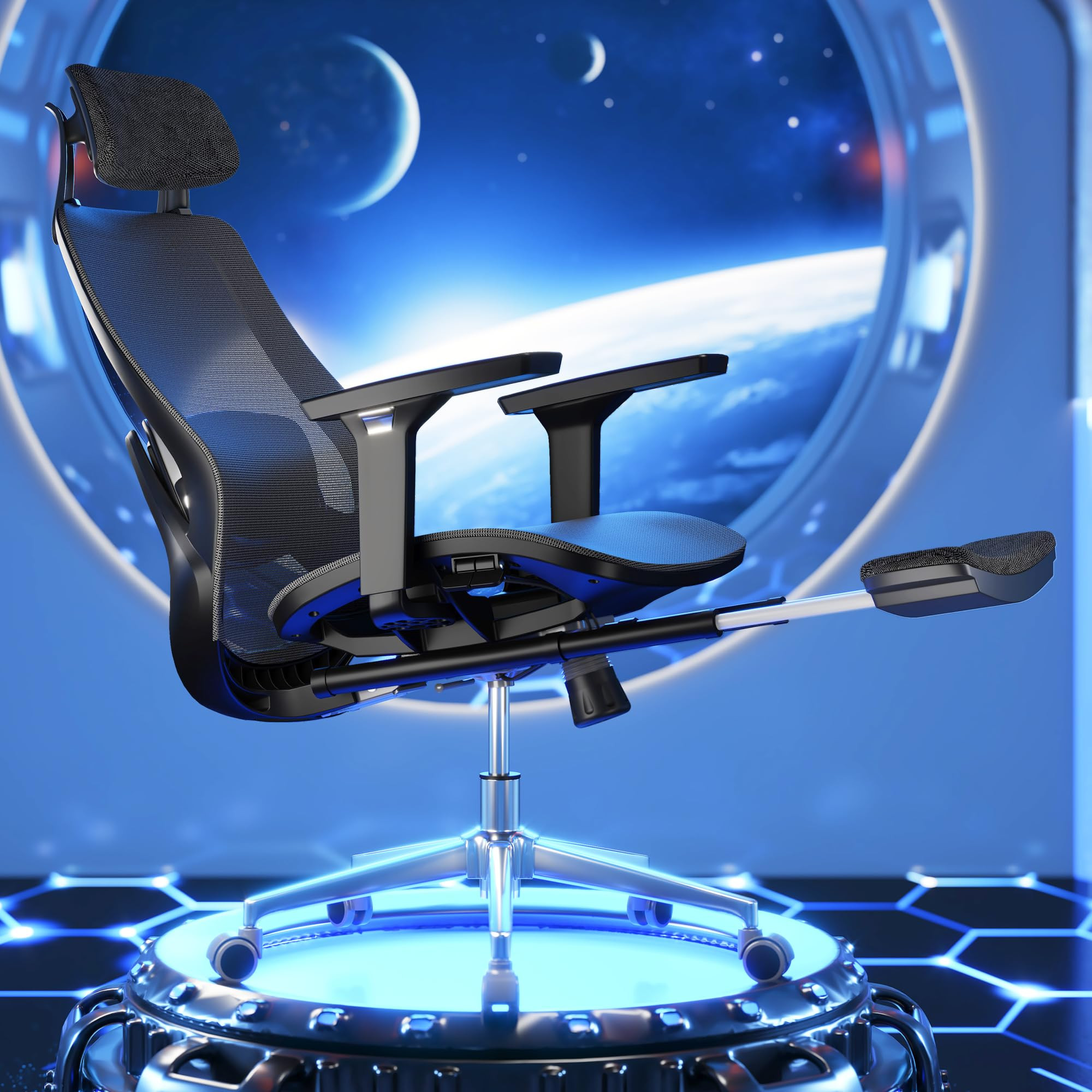 3D armrest and reclining mechanism view of black office chair