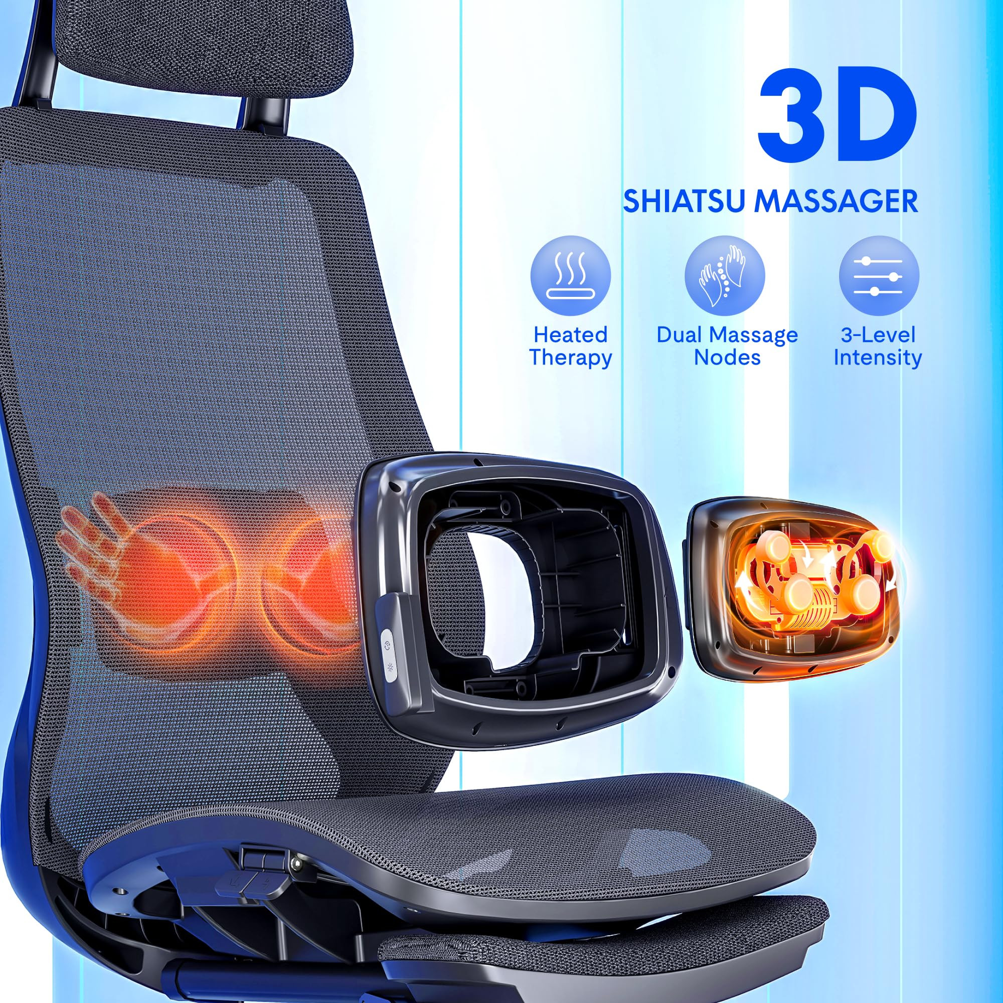 3D massage chair back with heated therapy and dual massage nodes
