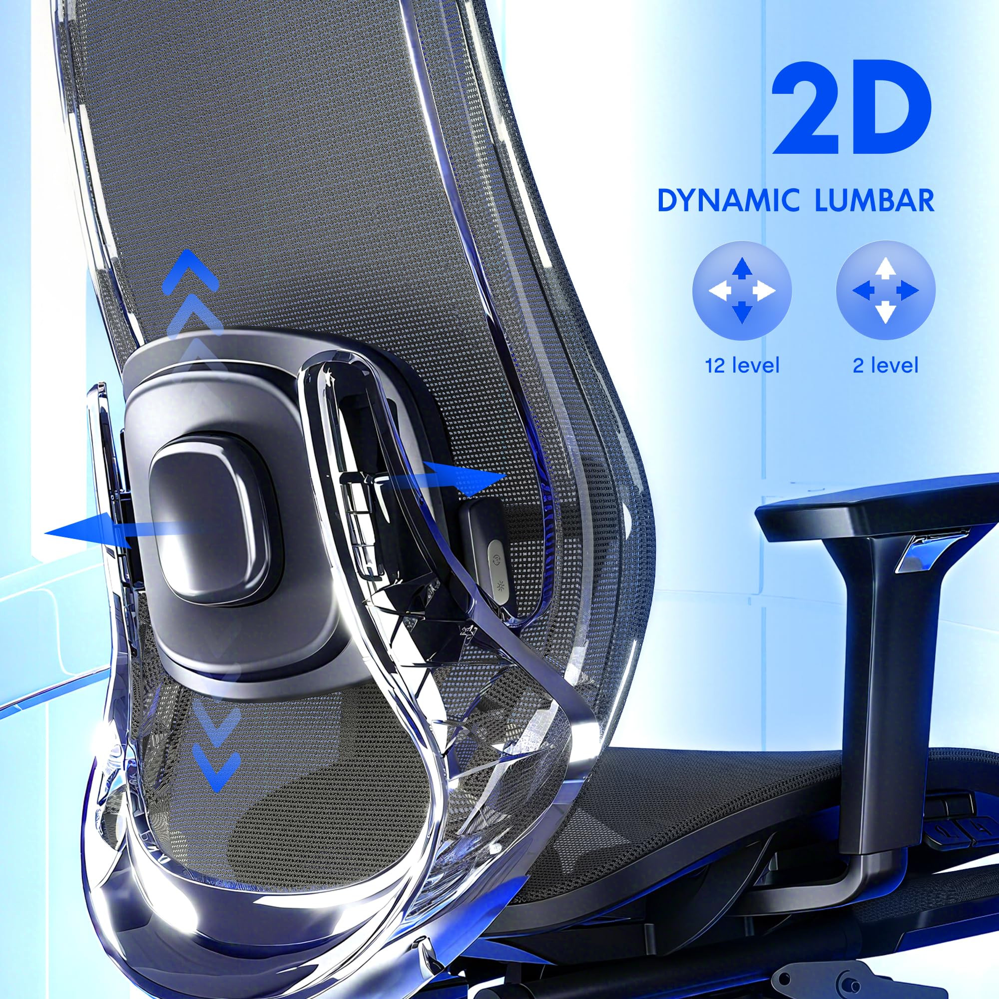 Dynamic lumbar support chair with adjustable 12-level and 2-level motion