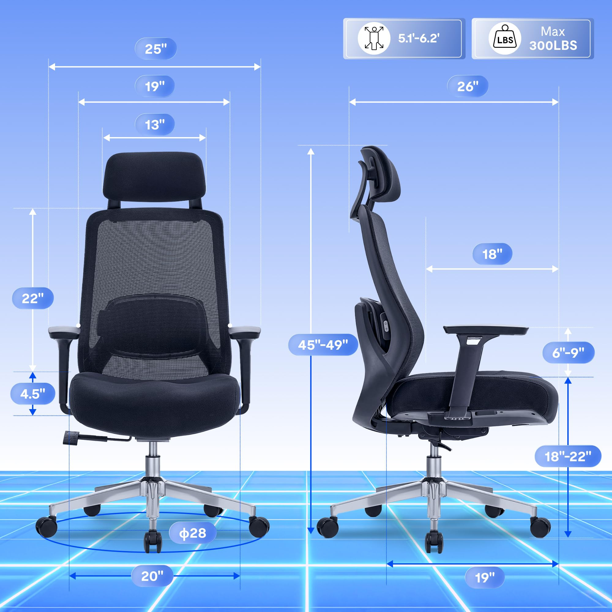 Chair dimensions diagram for black ergonomic office chair