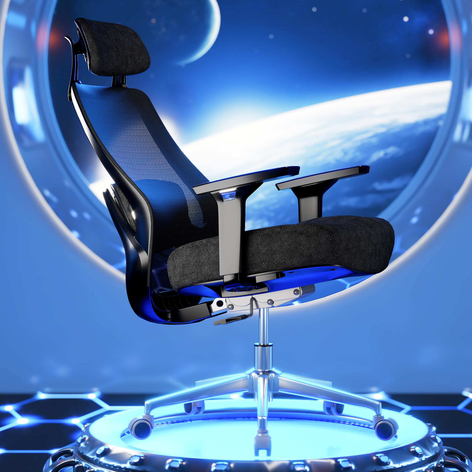 Side view of black ergonomic massage office chair with reclined back