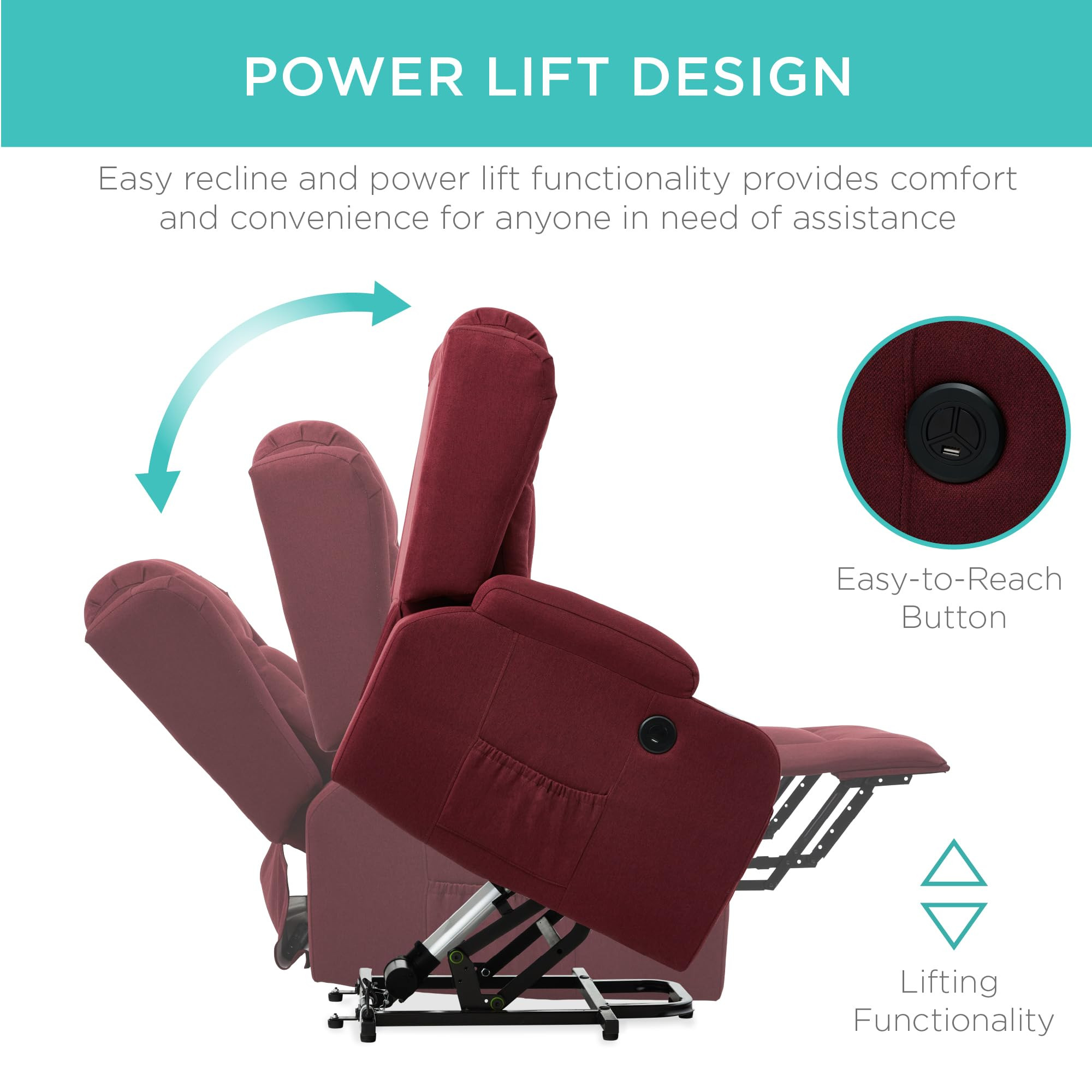 Burgundy power lift recliner showing lifting functionality and easy-to-reach button