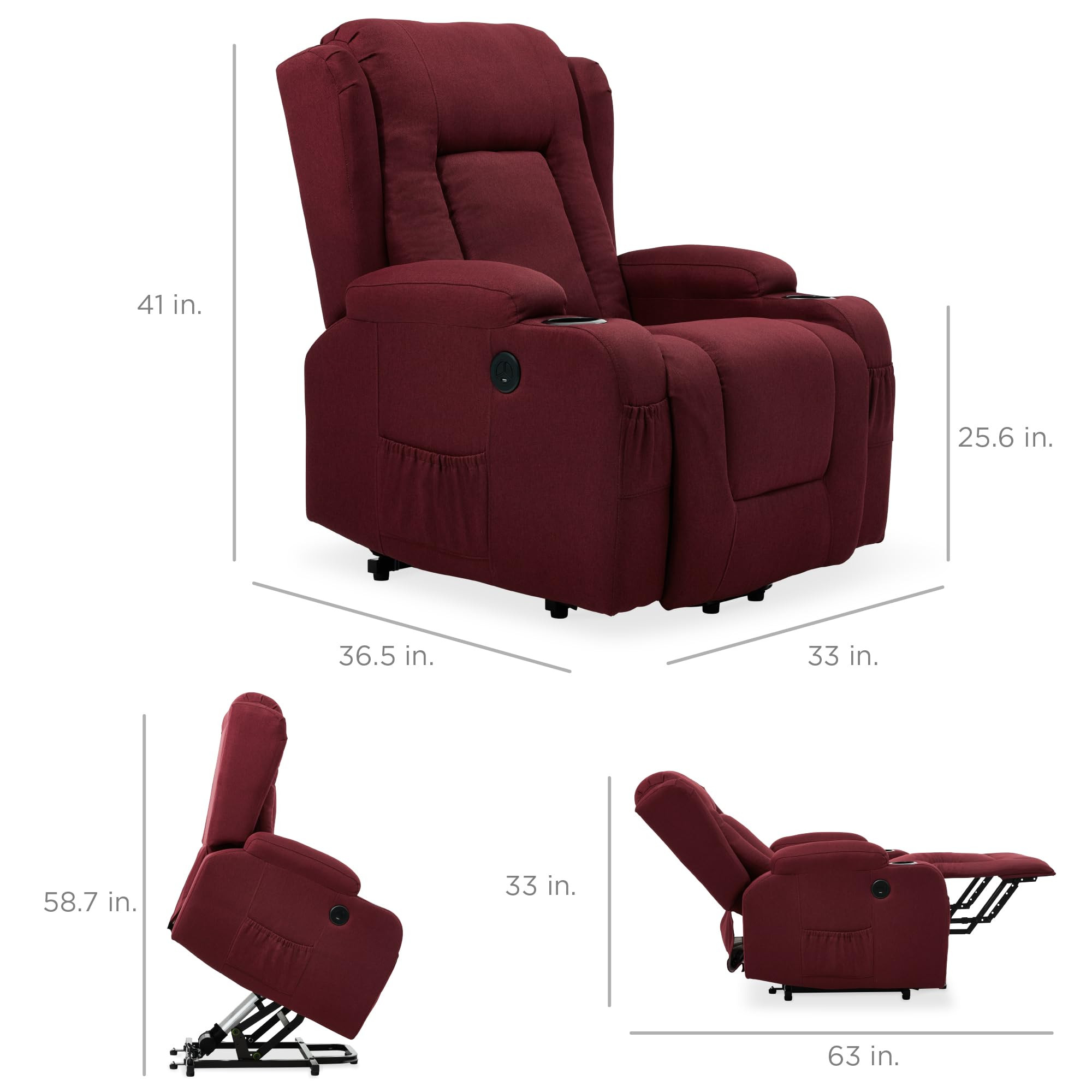 Burgundy power lift recliner size dimensions diagram