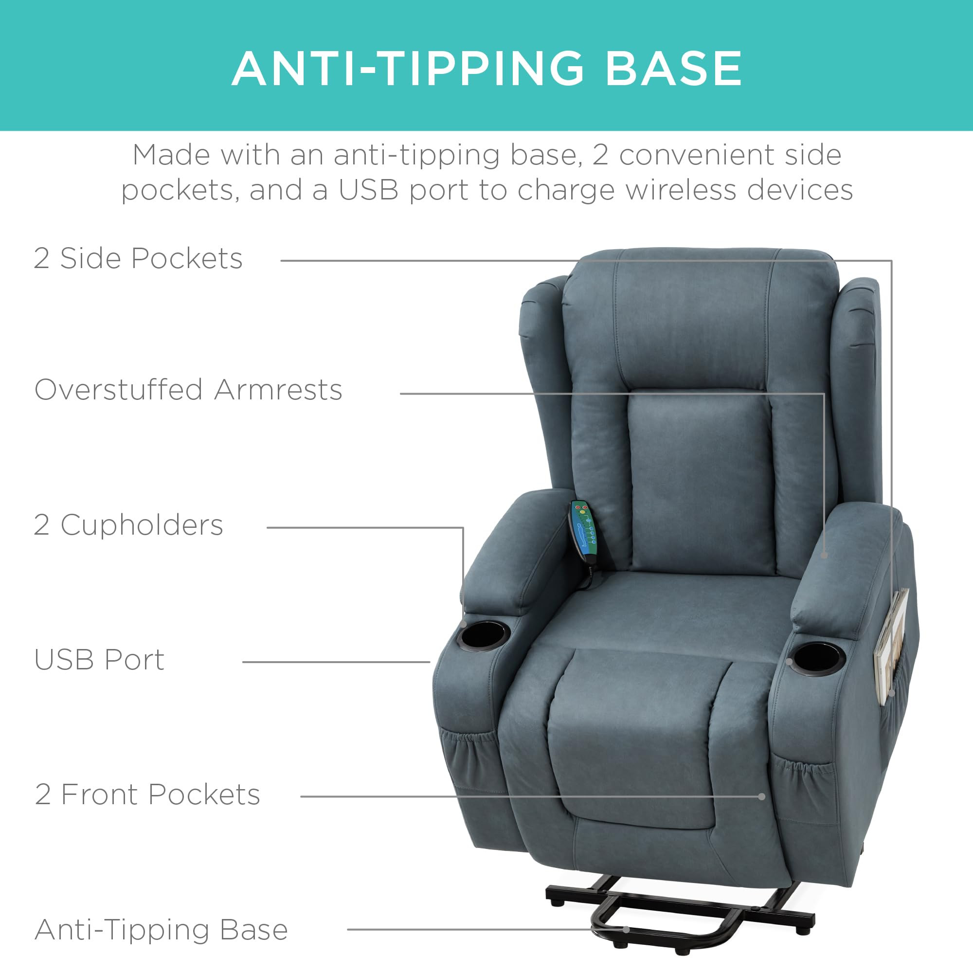 Blue power lift recliner anti-tilting base with USB port and side pockets