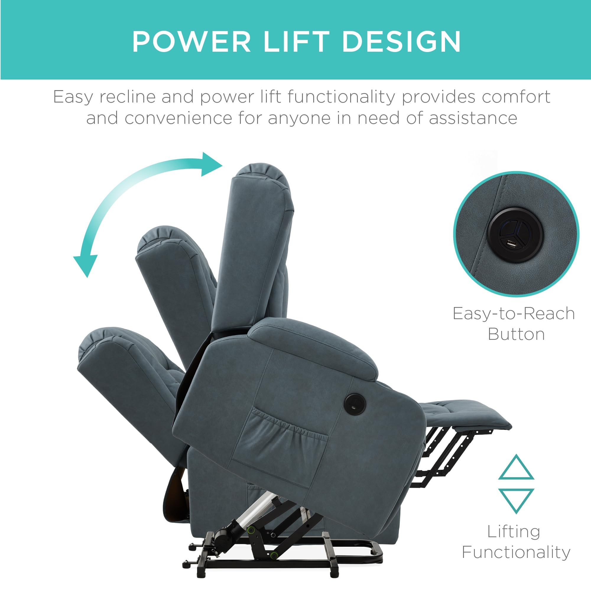 Blue power lift recliner with easy-to-reach button and lifting functionality