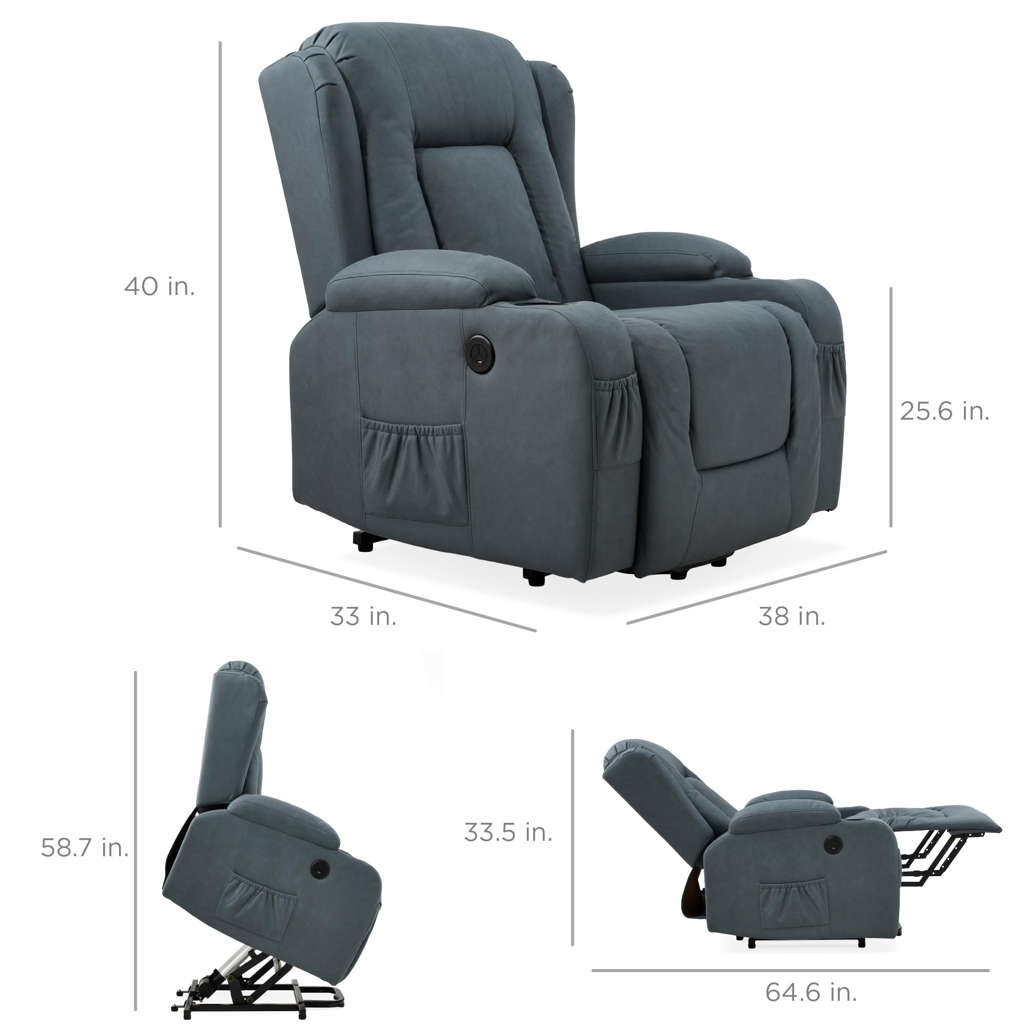 Blue electric power lift recliner with labeled dimensions